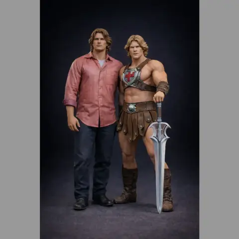 Two figures: one in casual clothes, the other as a warrior with armor and sword, both with similar hair.