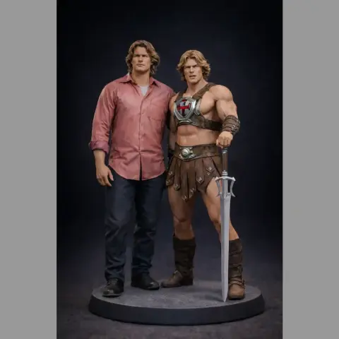 Two figures: one in casual clothes, the other as a warrior with armor and sword, both with similar hair.