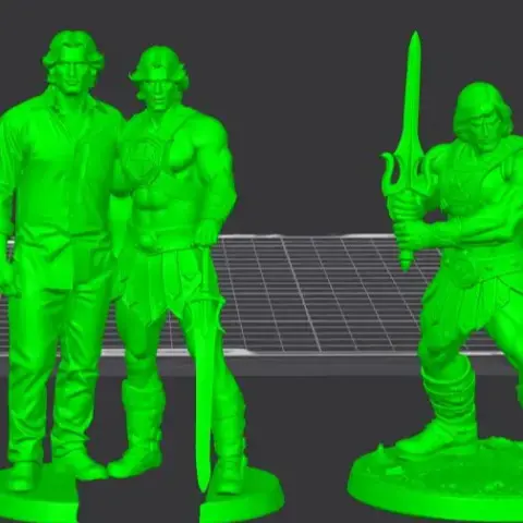 Two figures: one in casual clothes, the other as a warrior with armor and sword, both with similar hair.