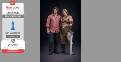 A He-Man figure stands with a man in casual attire, showcasing detailed 3D print design.