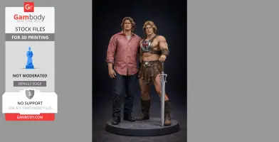Two figures on a display stand, one in casual clothes and the other as a muscular warrior with sword.