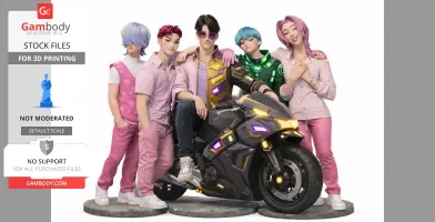 Anime-style characters with colorful outfits posed around a futuristic motorcycle.