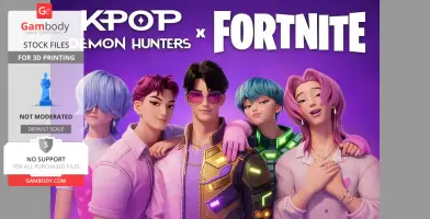 Five stylish characters from Fortnite and K-Pop collaboration on a purple background.