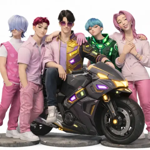 Five stylized figures in colorful outfits around a sleek, futuristic motorcycle.