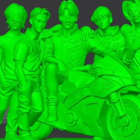 Five stylized figures in colorful outfits around a sleek, futuristic motorcycle.