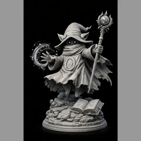 A wizard-like figure in a robe, holding a staff, stands on rocks with an open book at his feet.