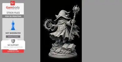 A wizard figure with a staff and spell effect, standing on rocky base with open book, in detailed 3D print model.