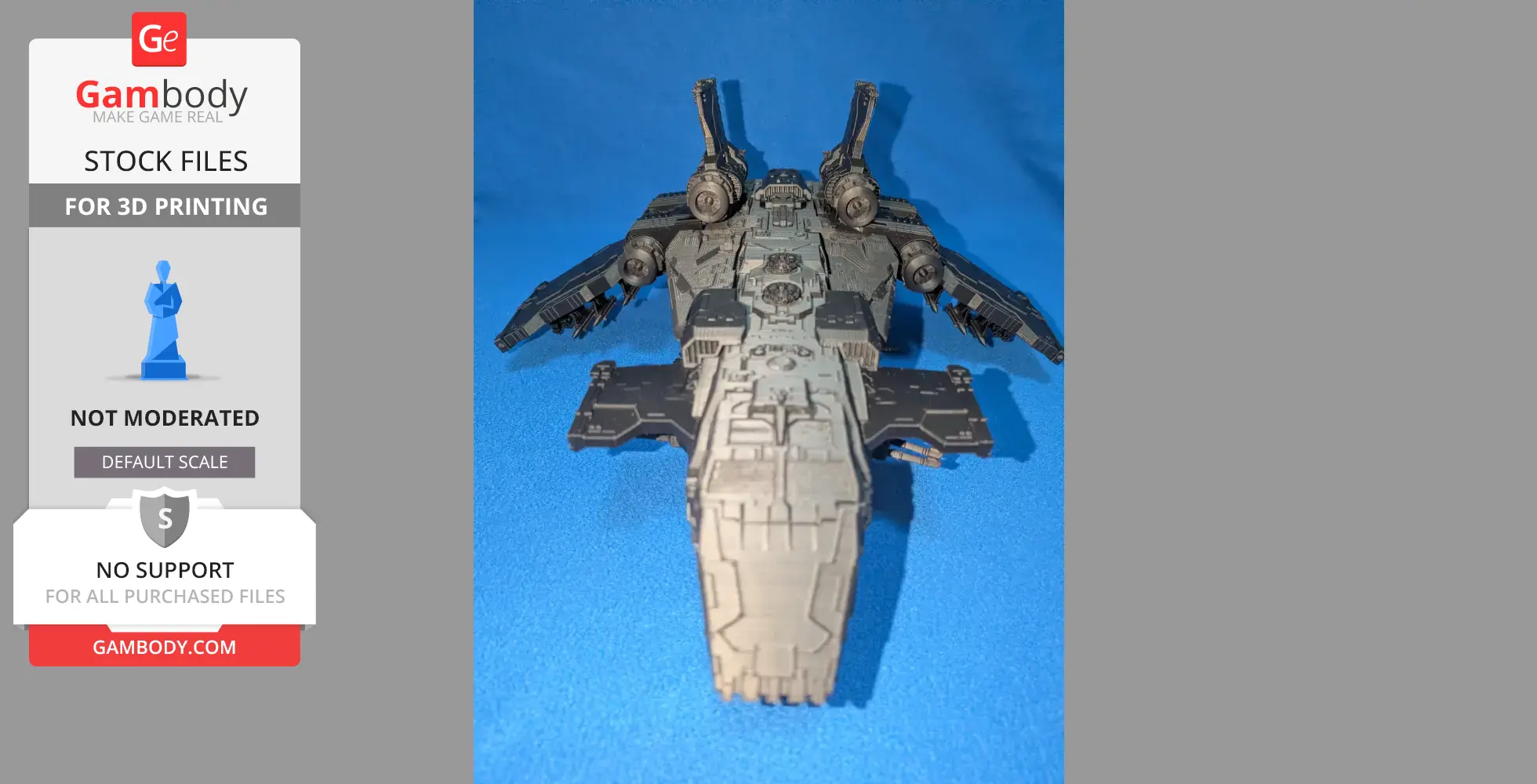 A detailed 3D model of a futuristic spaceship with powerful engines, displayed on a blue surface.