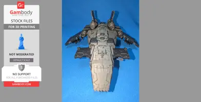 A detailed 3D model of a futuristic spaceship with powerful engines, displayed on a blue surface.