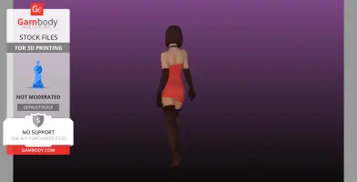 A 3D model of a woman in a red dress and black gloves, viewed from the back.