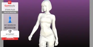 A 3D model of a standing female figure with short hair, wearing a fitted dress and long gloves.