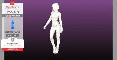 A 3D model of a woman in a form-fitting outfit and boots, standing on a gradient purple background.