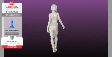 A 3D model of a glossy, futuristic figure in a skirt and boots, viewed from the back.