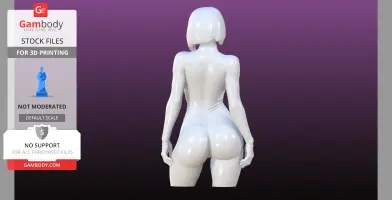 A sleek 3D female figure with short hair and a form-fitting suit, viewed from the back.