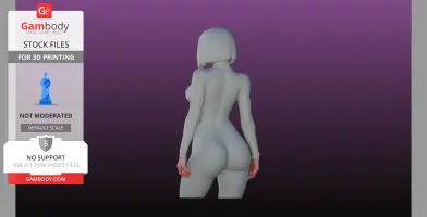 A stylized 3D model of a figure in a form-fitting suit, viewed from behind on a purple gradient background.