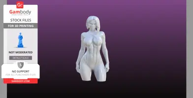 A 3D model of a futuristic female figure in a tight suit on a purple gradient background.