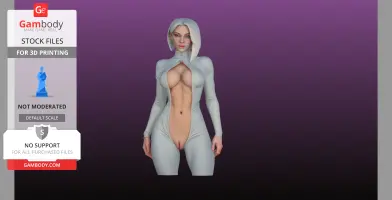 A female 3D model in a revealing white bodysuit on a purple gradient background.