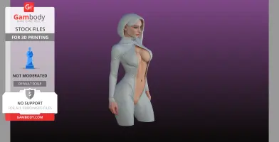 A 3D model of a woman in a white hooded outfit, partially unzipped, with a purple background.