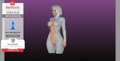 A 3D model of a person in a tight hooded outfit with an open front, showcasing detailed anatomy.