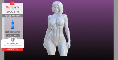 A sleek, stylized female figure with short hair, wearing a form-fitting suit, posed confidently.