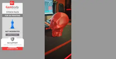 A red, intricate 3D-printed skull model sits on a desk near a computer setup.