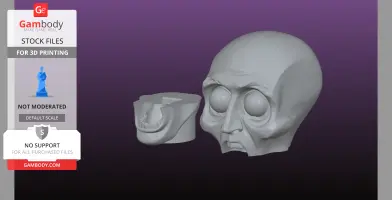 A stylized 3D model of a head with exaggerated features, including large eyes and a separate jaw piece.