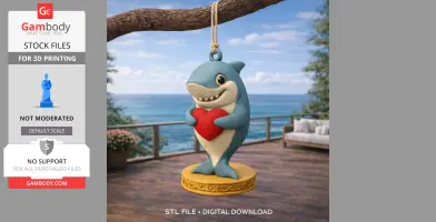 Cute shark pendant holding a red heart, hanging from a tree branch with ocean view in the background.