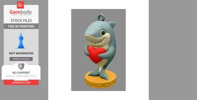 Cute shark pendant holding a red heart, standing on a decorative base.
