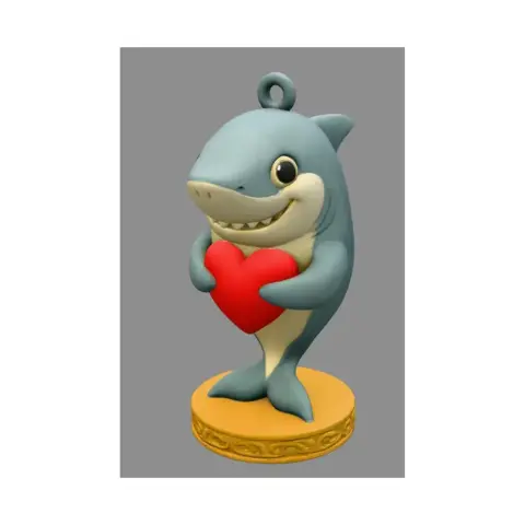Cute cartoon shark holding a red heart, standing on a decorative base with a loop for hanging.