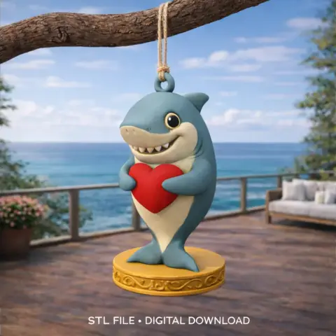 Cute cartoon shark holding a red heart, standing on a decorative base with a loop for hanging.