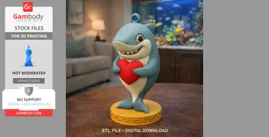 Cute shark holding a red heart, standing on a decorative base.