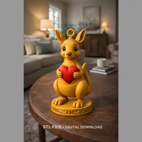 Cute kangaroo pendant holding a red heart, designed for 3D printing.