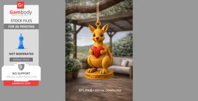 A cute kangaroo pendant holding a red heart, hanging from a branch with intricate base details.