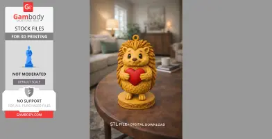 A cute, detailed hedgehog figurine holding a red heart, designed for 3D printing.