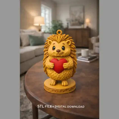 Cute hedgehog figurine holding a red heart, detailed design for 3D printing.