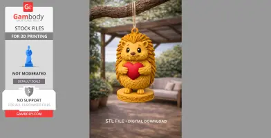 A detailed 3D-printed hedgehog pendant holding a red heart, hanging on a branch.