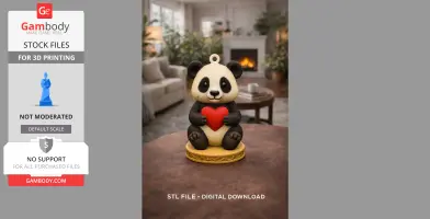Cute panda figurine holding a red heart, on a decorated base. Ideal as a pendant or keychain.