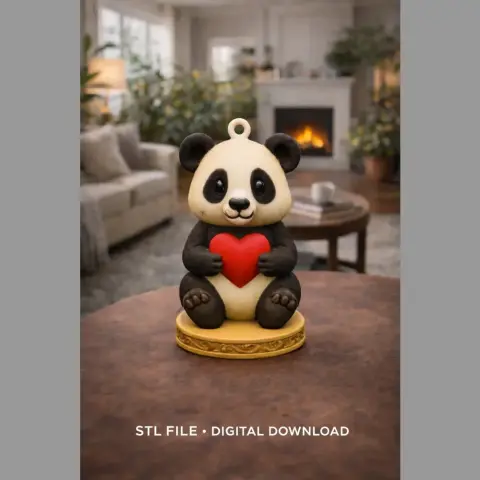 Cute panda figurine holding a red heart, designed as a keychain or pendant for 3D printing.