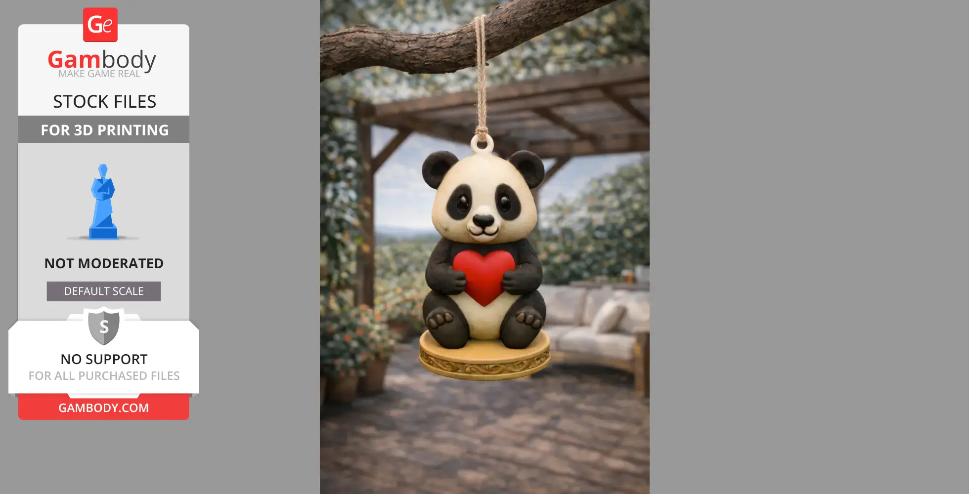 Cute panda figurine holding a red heart, suspended as a pendant or keychain.