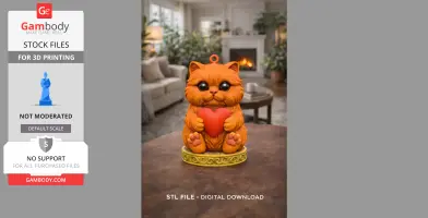 A cute Persian cat figurine holding a red heart, designed for 3D printing.