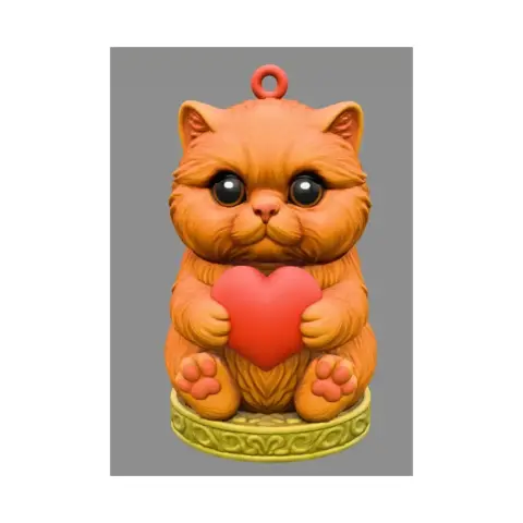Cute Persian cat figurine holding a heart, designed as a pendant for 3D printing.