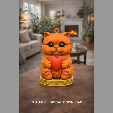 Cute Persian cat figurine holding a heart, designed as a pendant for 3D printing.