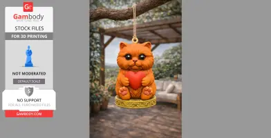 Cute Persian cat figurine holding a red heart, hanging from a branch, in a garden setting.