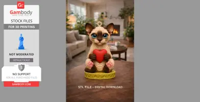 A cute Sphynx cat figurine holding a red heart, designed for 3D printing, on a decorative base.