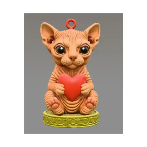 A Sphynx cat figurine holding a red heart, sitting on a decorative green base.