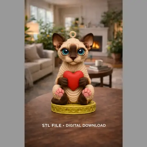 A Sphynx cat figurine holding a red heart, sitting on a decorative green base.