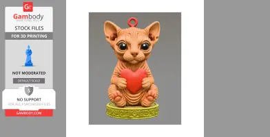 A Sphynx cat figurine holding a heart, adorned with a loop, seated on a decorative base.