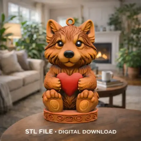 Cute wolf/husky dog figurine holding a heart, designed for 3D printing.