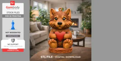 A cute wolf-like figurine holding a red heart sits indoors on a table.