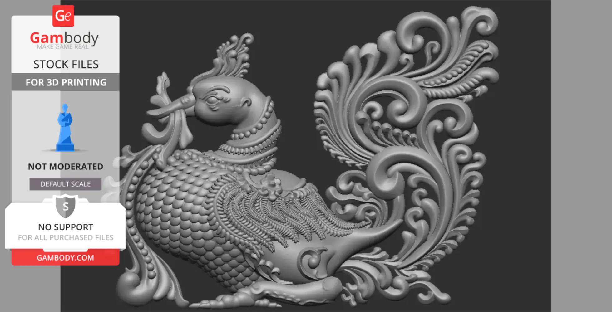 Intricate ornamental swan relief with elaborate feathers and swirling decorative patterns.